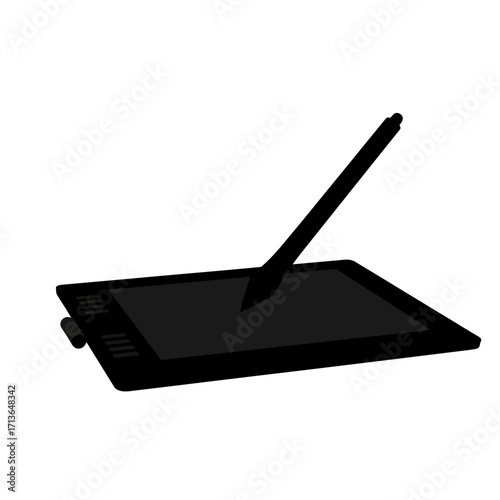 Black digital drawing tablet and stylus silhouette isolated on white background