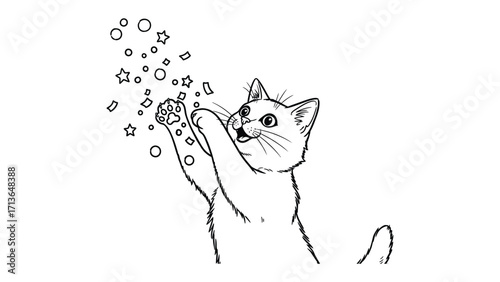 Magical Cat and Stars: A playful drawing captures a charming cat reaching upwards, surrounded by a cascade of shimmering stars, creating a whimsical, magical atmosphere.