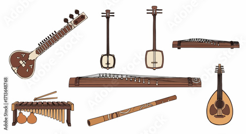 Collection of diverse musical instruments from around the world, vector illustration