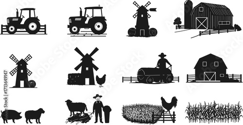 Black farming and agriculture vector silhouettes of tractors, barns, windmills, animals, crops, rural life icons for farm design illustrations