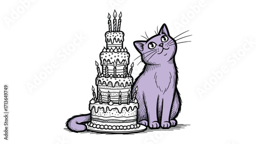 Cat's Birthday Party: A whimsical illustration of a charming cat next to a towering, candle-topped birthday cake, evoking warmth and celebration.