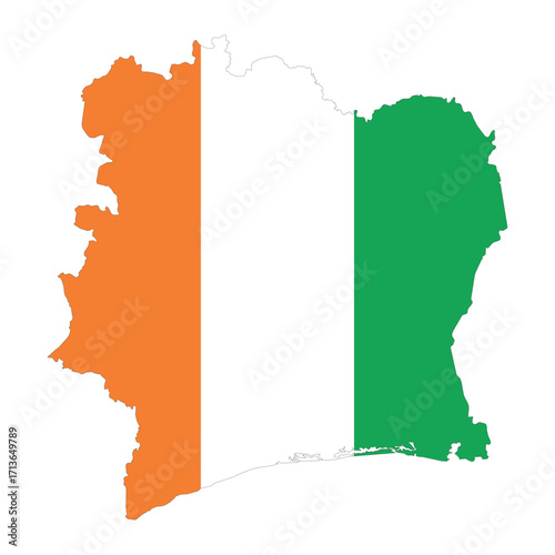 map silhouette of ivory coast with national flag colors orange white green representing country identity