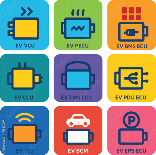 EV Electronic Control Units Colorful Vector Icon Set – EV ECUs
