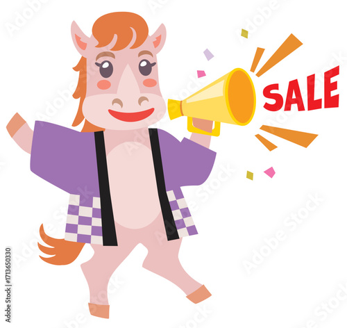 セールでメガホンを持つ午年のかわいい馬