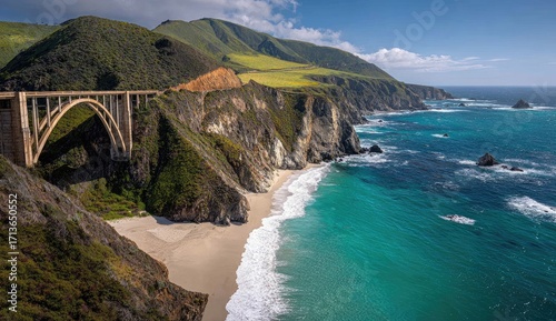 Coastal bridge over turquoise ocean, dramatic cliffs, and sandy beach