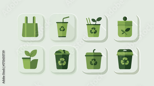 Recycling and eco-friendly icons set with reusable bag, compost bin, recyclable cup, plant in pot, and waste sorting symbols — flat design vector illustration