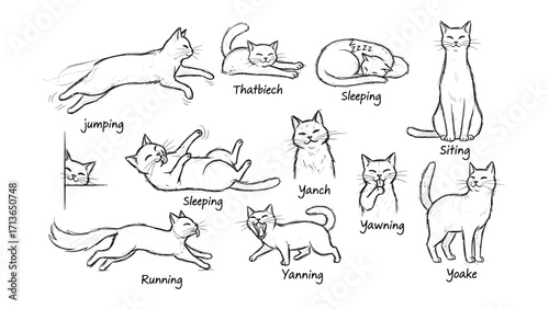 Cat Poses: A charming sketch showcasing diverse poses of a cat, capturing moments of rest, activity, and playful curiosity.