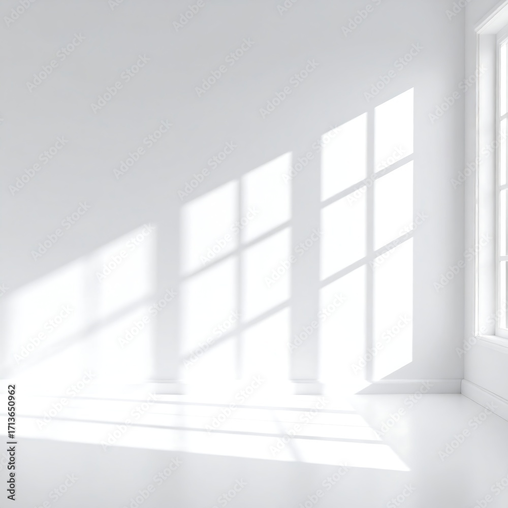 Fototapeta premium Sunlight casts shadows on a white room