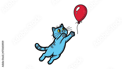 Playful Ascent: A delightful illustration captures a whimsical moment as a blue cat joyfully reaches for a vibrant red balloon, evoking a sense of childhood wonder and carefree delight.