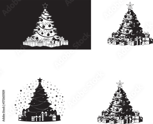 Set of Christmas Trees with Gifts, Festive Black and White Holiday Illustrations