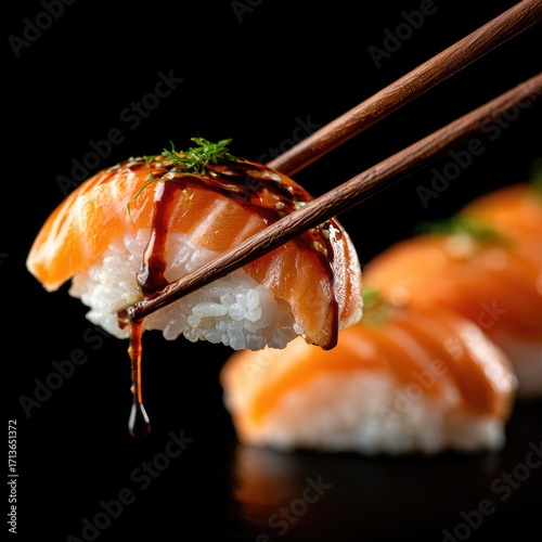 Salmon sushi piece, drizzled with sauce, being held by chopsticks