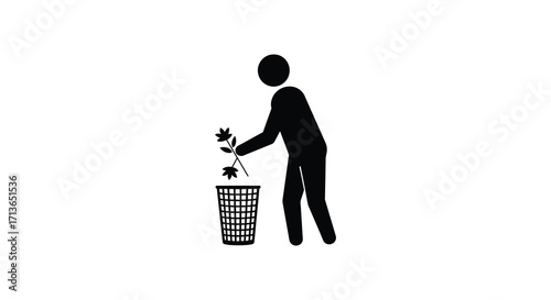 A simple black silhouette depicts a person discarding trash into a basket