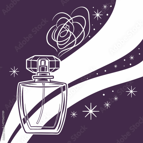 Stylish perfume bottle illustration with floral scent and starry background design