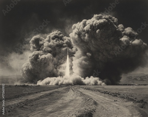 Rocket launch, dramatic dust cloud, sepia tone
