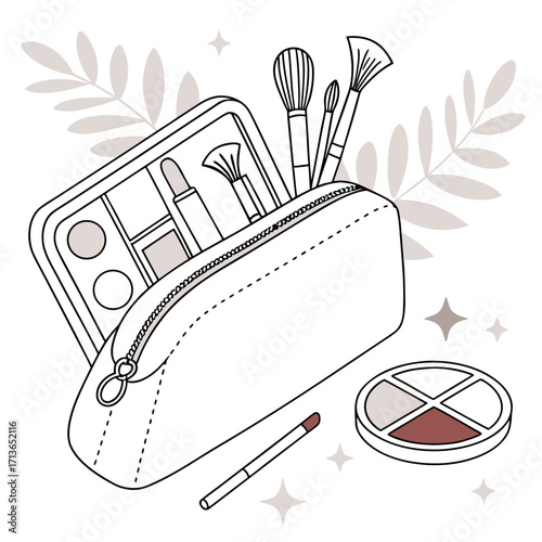 Makeup bag with brushes and palette in black and white
