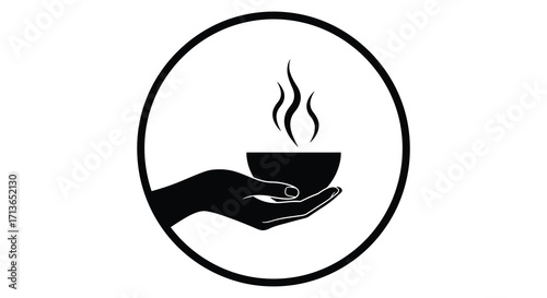 A hand gently holding a steaming bowl within a circular frame