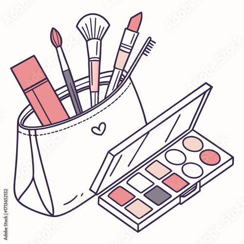 Makeup bag with brushes and palette in pink and purple