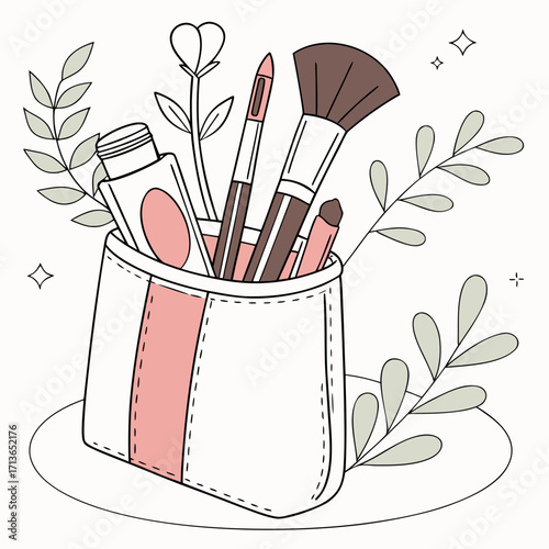Makeup bag with brushes and cosmetics