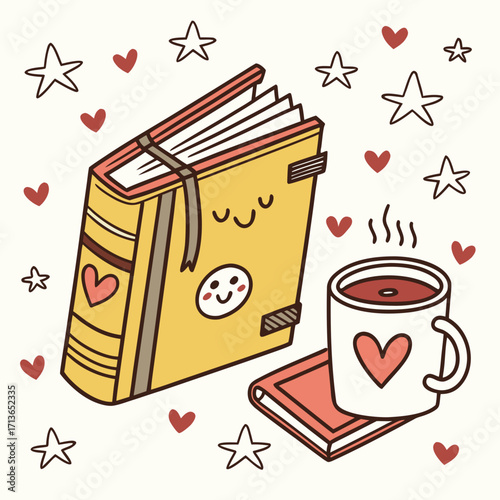 Illustration of a book and a cup of coffee with hearts and stars around