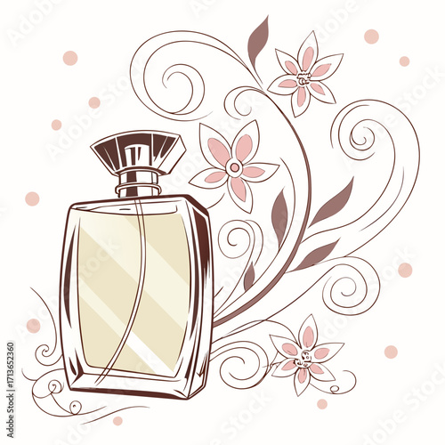 Elegant perfume bottle with floral swirls