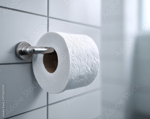 Toilet paper roll mounted on a chrome holder