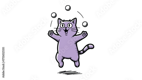 Playful Acrobat: A whimsical illustration of a joyful cat juggles three fluffy balls, embodying the spirit of agility and entertainment with delightful precision.