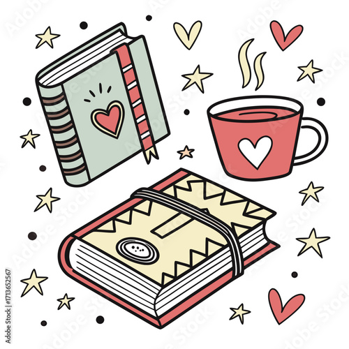 Cozy books and tea with hearts and stars