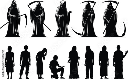 Grim Reaper and zombie silhouette set, horror vector illustration, undead characters, death icons, Halloween clipart, spooky poses, scary black figures