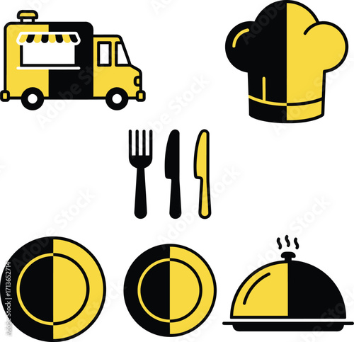 Food truck and restaurant icons with chef hat and utensils