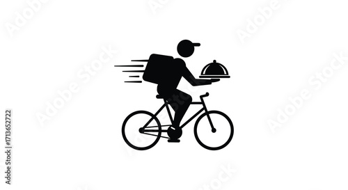 Delivery cyclist with covered dish riding a bicycle in simple design