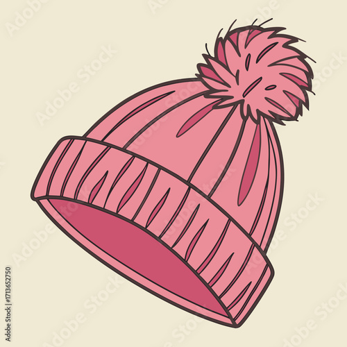 A pink winter hat with a pompom, perfect for keeping warm in cold weather