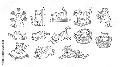 Playful Cat Collection: A delightful collection of playful cats, each captured in unique, hand-drawn poses. Capturing the essence of feline charm.