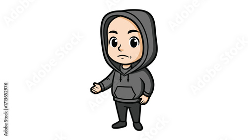 Animated Young Man in Hoodie: A friendly cartoon representation of a young man dressed in a comfortable hoodie, striking a casual pose, inviting attention, and presenting his form.