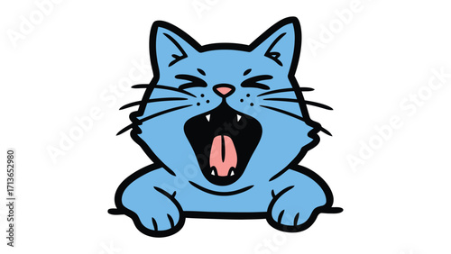 Yawning Cartoon Cat: A cute, cartoon blue cat, mid-yawn, its pink tongue playfully visible, exuding a sense of whimsy and lightheartedness, perfect for conveying a fun mood.