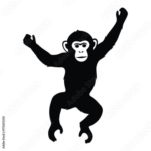Playful silhouette of a chimpanzee swinging with arms raised high above