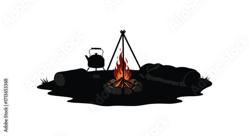 Simple illustration of a campfire scene with kettle and logs
