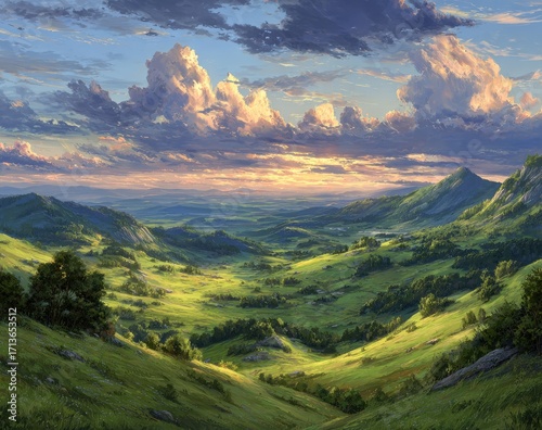 Panorama of a sunlit valley nestled between hills