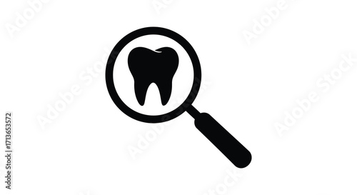 A magnifying glass examining a single tooth dental health illustration