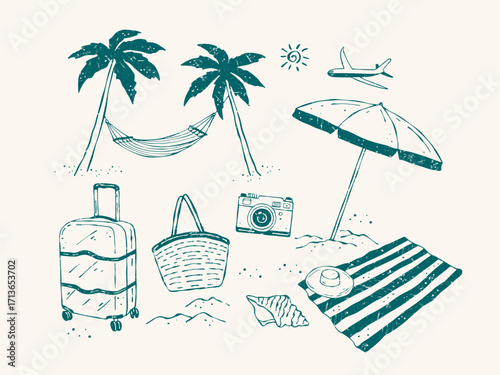 Set of vector illustrations hand drawn vacation and travel theme in textured doodle style. Holiday elements with palm trees, hammock, airplane, suitcase, bag, umbrella, beach mat and camera