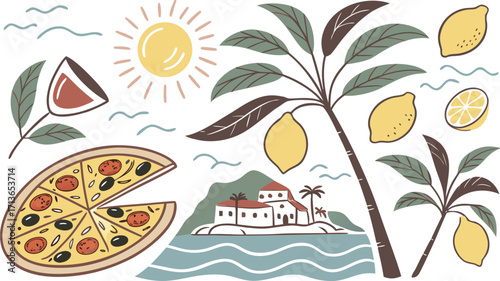 Vector set of summer holiday banners featuring tropical beach islands with palms, sea, and sun