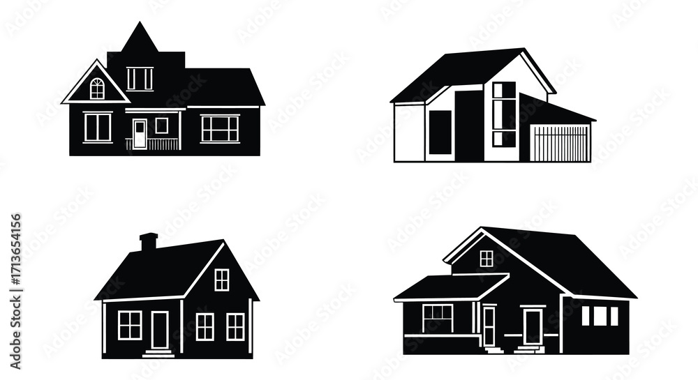 Fototapeta premium Simple black and white silhouettes of various house architectural styles