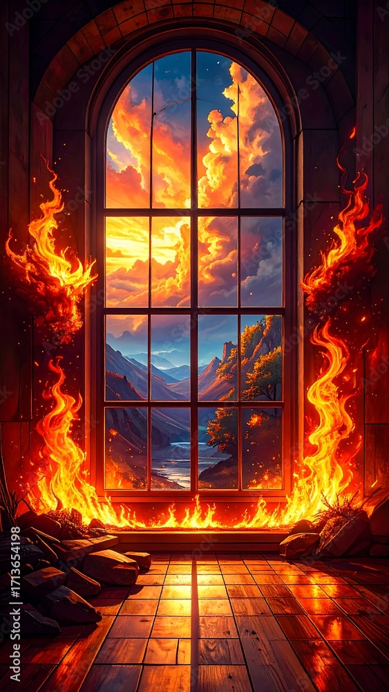 Fototapeta premium Fiery window overlooking a scenic landscape