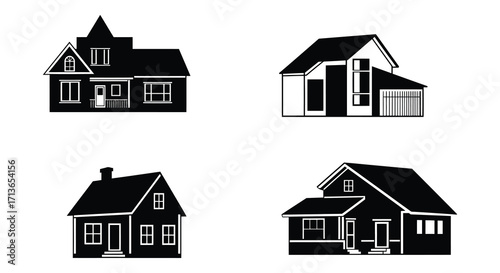 Simple black and white silhouettes of various house architectural styles