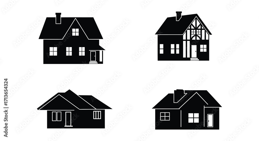 Fototapeta premium Simple black silhouettes depicting four different styles of houses