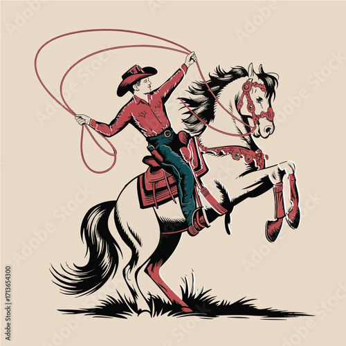 A dramatic retro woodcut cowboy scene featuring ornate tack and red attire as his horse lifts high in motion