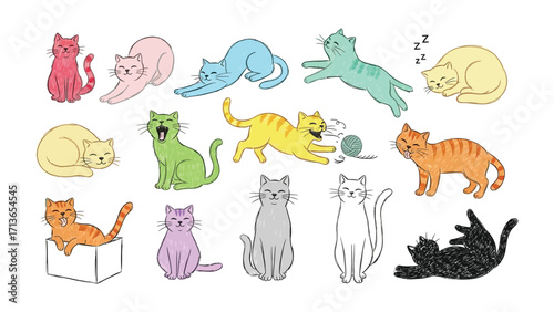 Playful Kitties: A vibrant array of cartoon cats in various playful poses and actions, showcasing the diverse personalities and antics of feline friends.