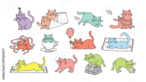 Playful Kittens' Adventures: A vibrant cartoon illustration showcasing a collection of adorable kittens engaged in various whimsical activities.