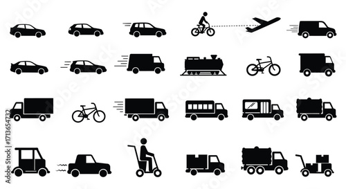 Various transportation icons depicting vehicles bikes and delivery methods