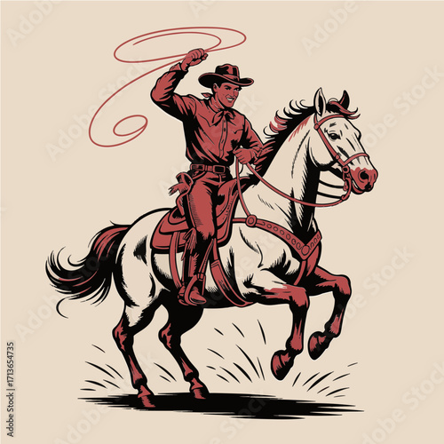 A bold contrasting cowboy in vintage attire with horse rearing and ornate bridle drawn in woodcut retro technique