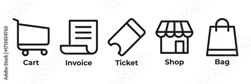 ShopCart Ticket Icons set vector illustration outline with cart, invoice, ticket, shop, bag